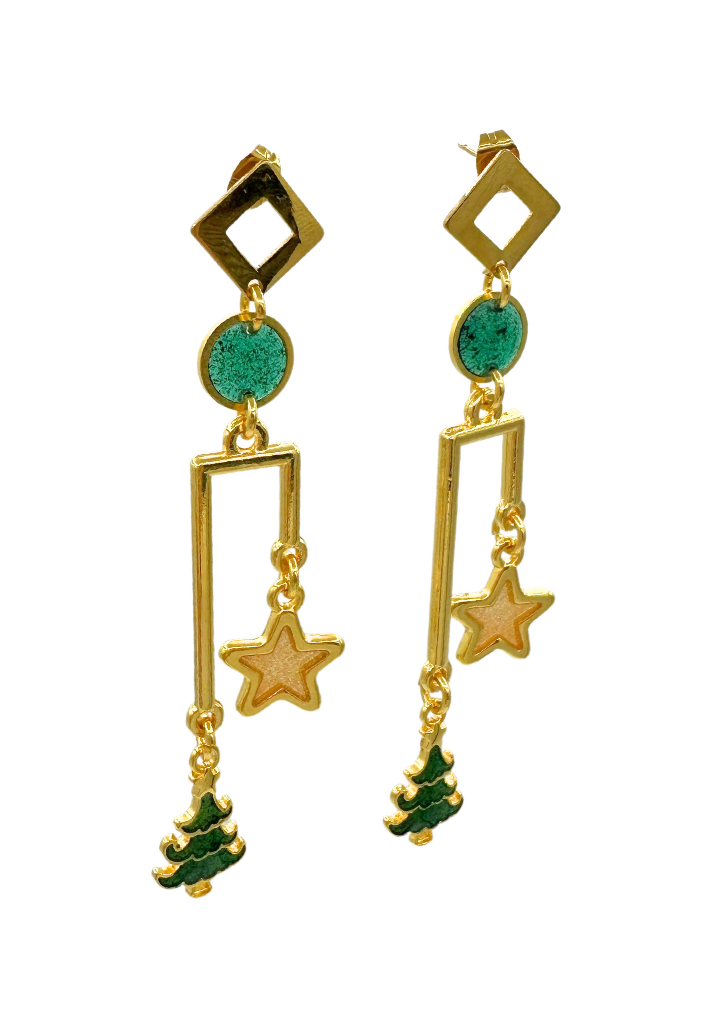 Geometrische kerst oorringen met kerstboom en gouden sterren