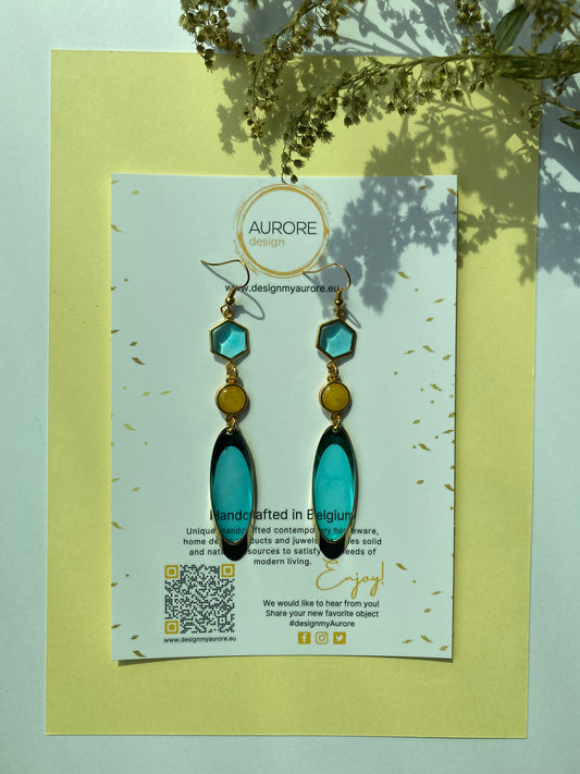 Lange meerkleurige oorhangers, blauw/geel